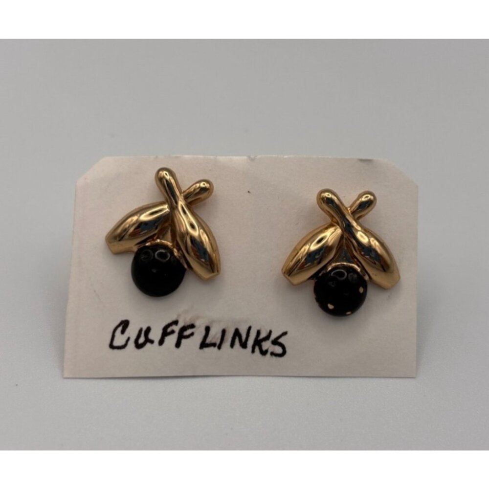 Bowling Ball and Pins Vintage Men's Jewelry Cufflinks Black Gold Tone